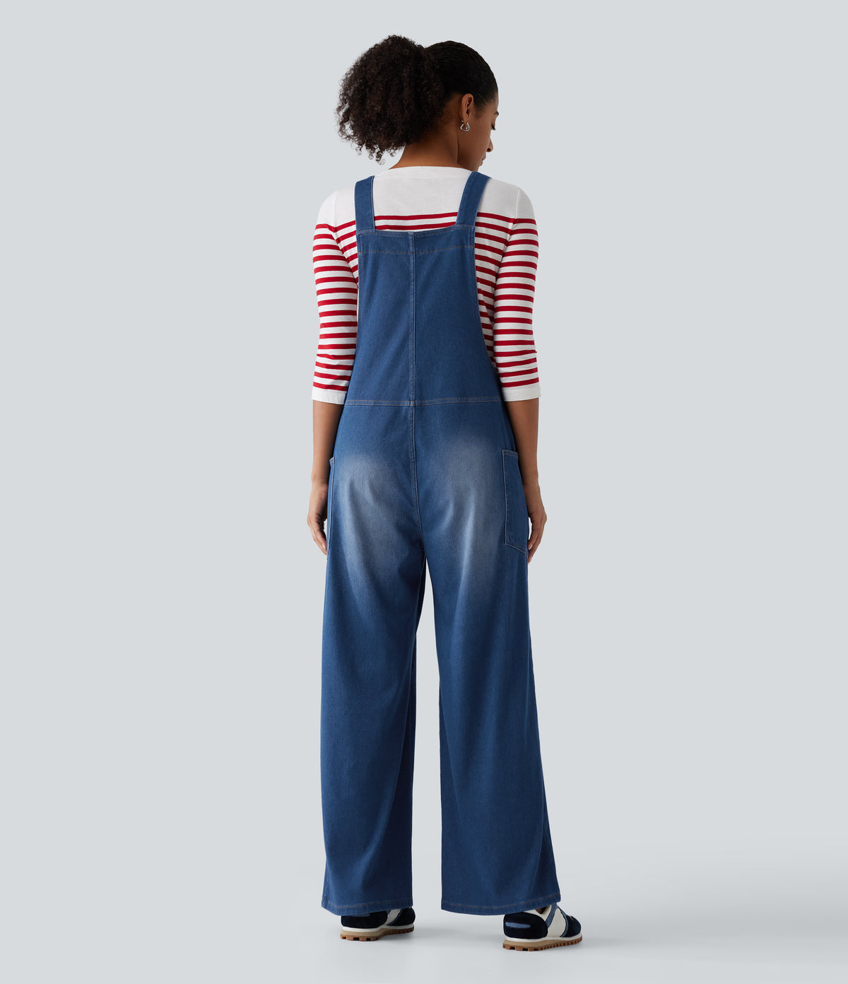 V Neck Wide Leg Denim Casual Dungarees with Pockets — Estate Blue Denim — view 2
