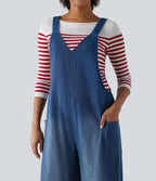 V Neck Wide Leg Denim Casual Dungarees with Pockets — Estate Blue Denim — view 4