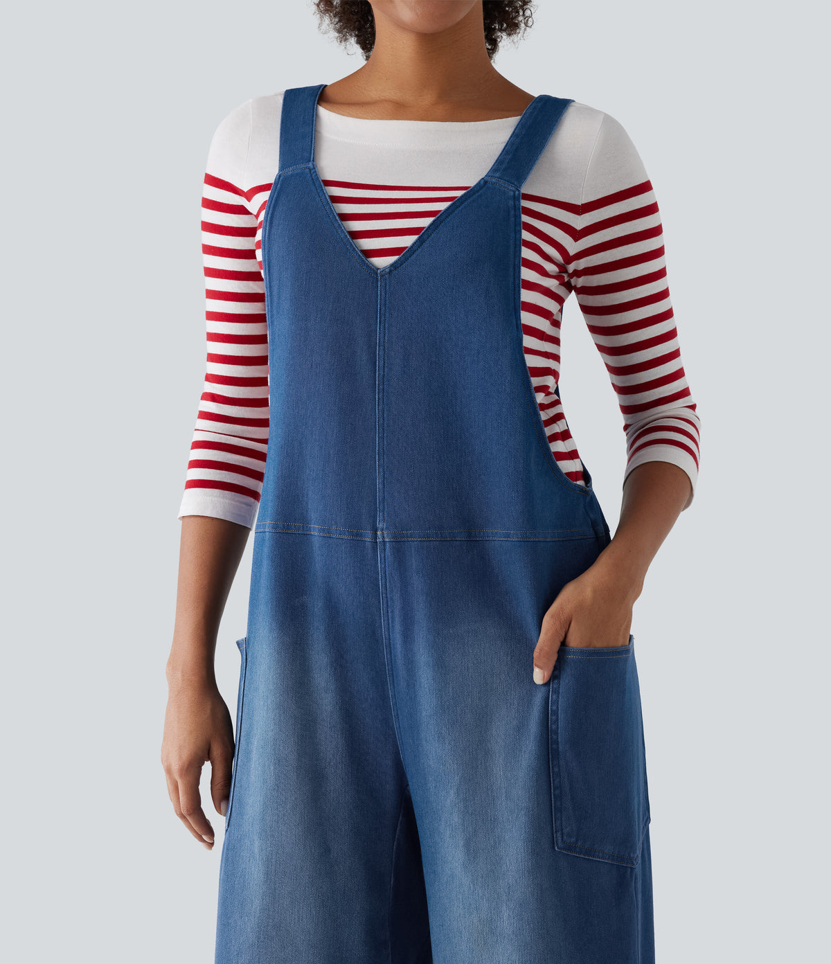 V Neck Wide Leg Denim Casual Dungarees with Pockets — Estate Blue Denim — view 4