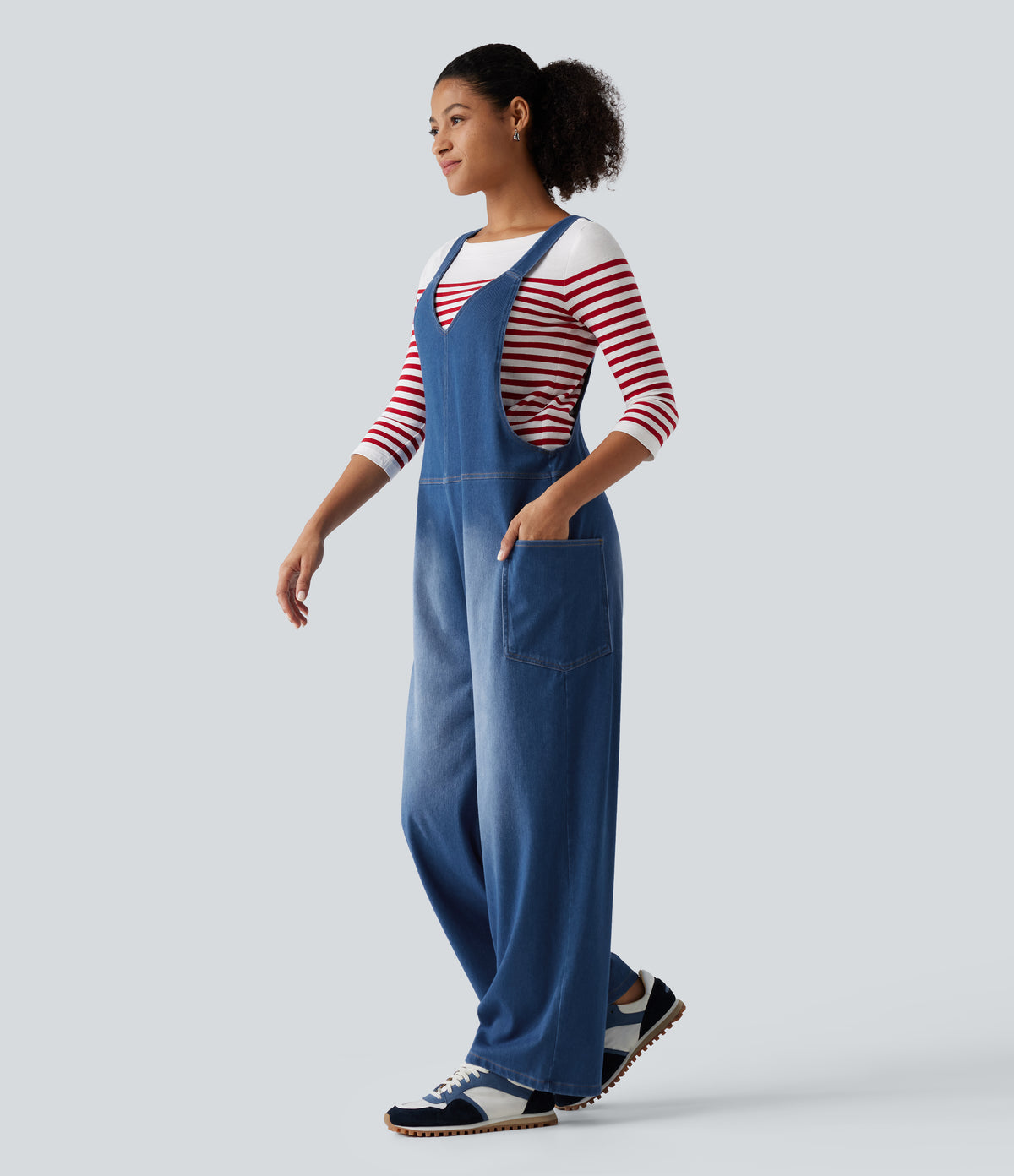 V Neck Wide Leg Denim Casual Dungarees with Pockets — Estate Blue Denim — view 3