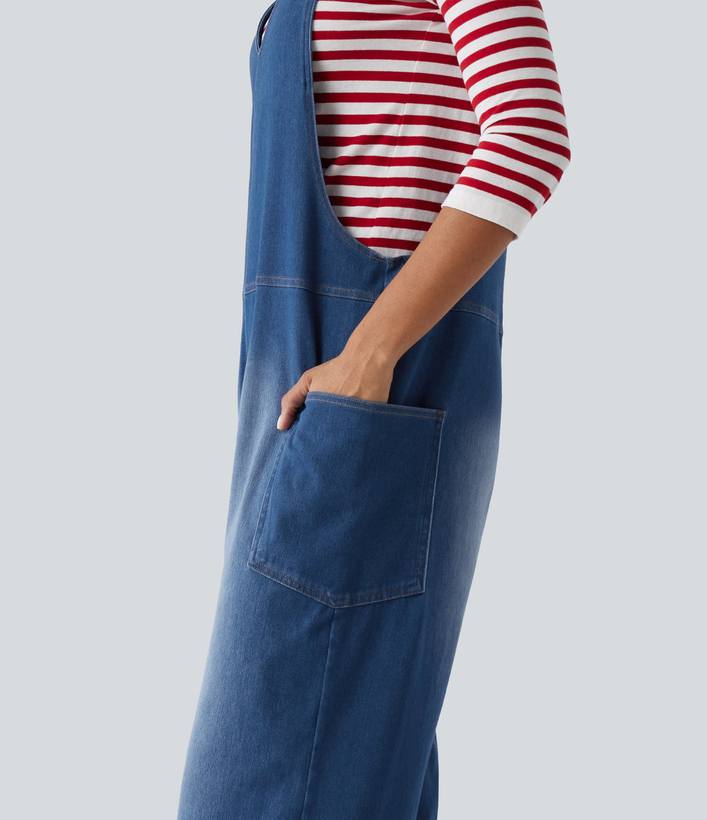 V Neck Wide Leg Denim Casual Dungarees with Pockets — Estate Blue Denim — view 5