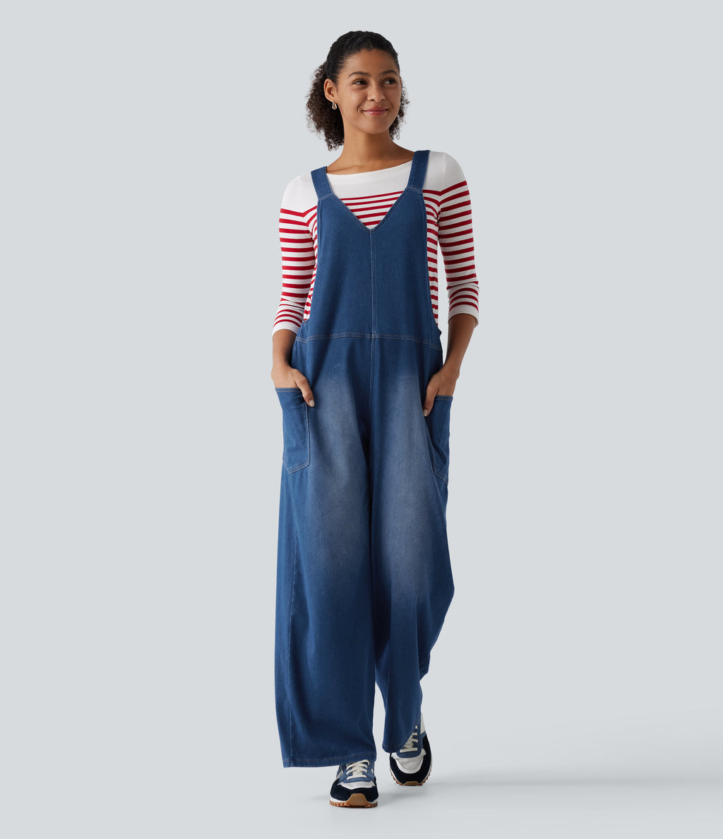 V Neck Wide Leg Denim Casual Dungarees with Pockets — Estate Blue Denim — view 1