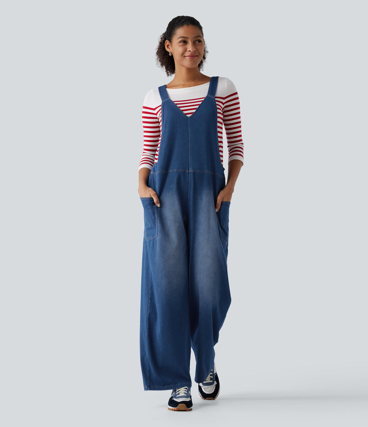 V Neck Wide Leg Denim Casual Dungarees with Pockets — Estate Blue Denim — view 1