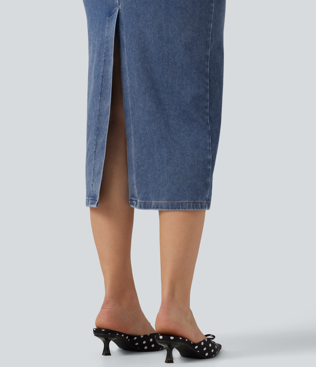 V Neck Denim Casual Midi Dress — Powder Blue Denim — view 6