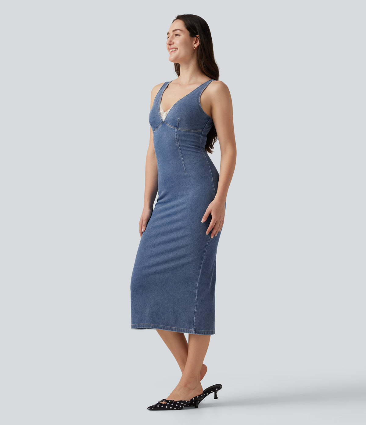 V Neck Denim Casual Midi Dress — Powder Blue Denim — view 3