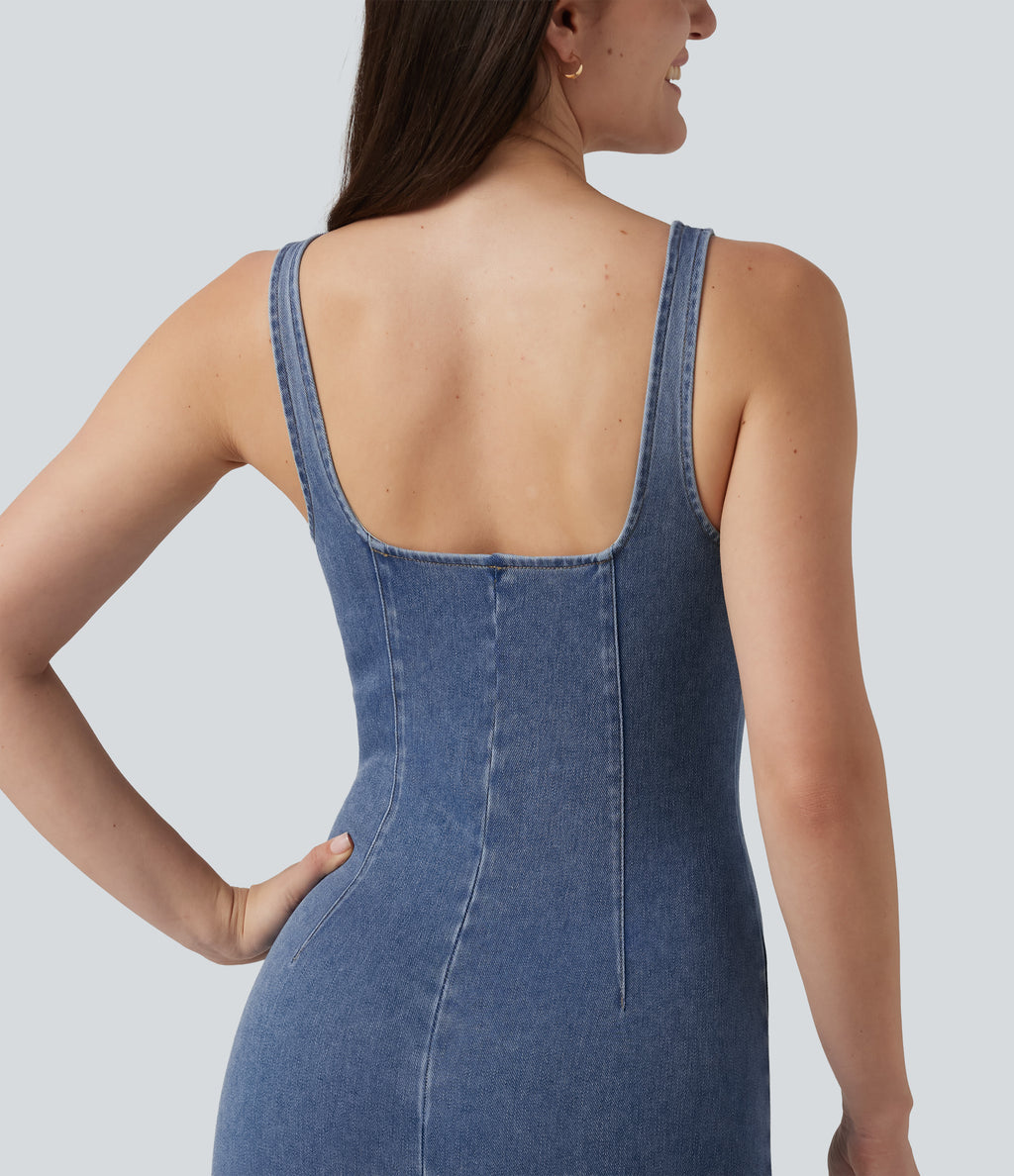 V Neck Denim Casual Midi Dress — Powder Blue Denim — view 5