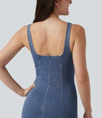 V Neck Denim Casual Midi Dress — Powder Blue Denim — view 5