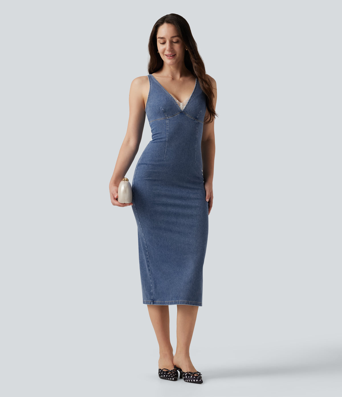 V Neck Denim Casual Midi Dress — Powder Blue Denim — view 8