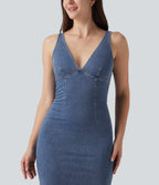 V Neck Denim Casual Midi Dress — Powder Blue Denim — view 4