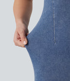 V Neck Denim Casual Midi Dress — Powder Blue Denim — view 7