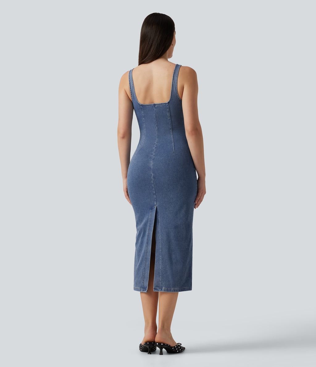 V Neck Denim Casual Midi Dress — Powder Blue Denim — view 2
