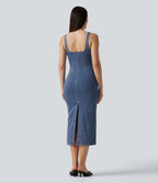 V Neck Denim Casual Midi Dress — Powder Blue Denim — view 2