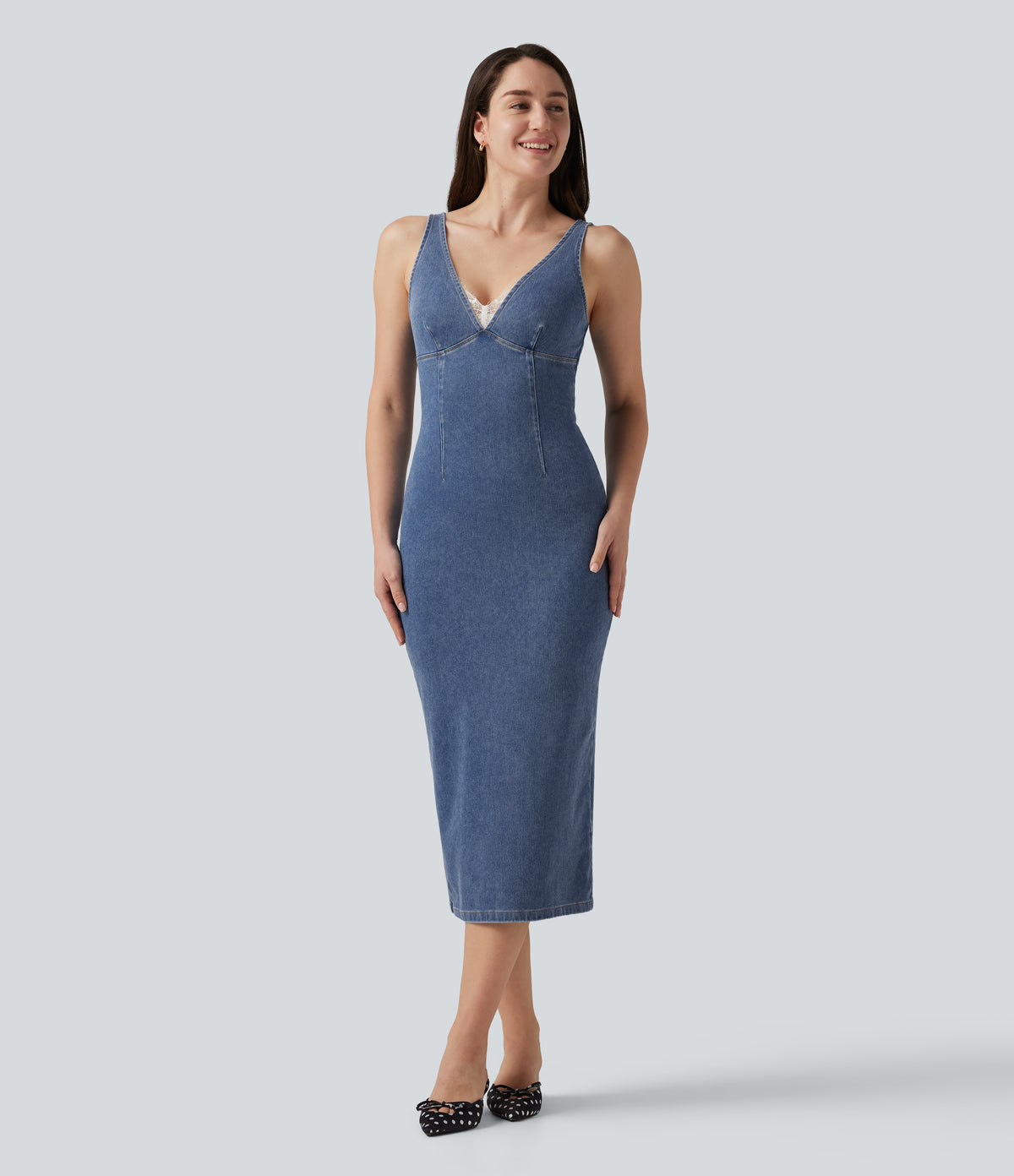 V Neck Denim Casual Midi Dress — Powder Blue Denim — view 1
