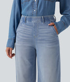 High Waisted Straight Leg Casual Jeans with Pockets — Powder Blue Denim — view 4