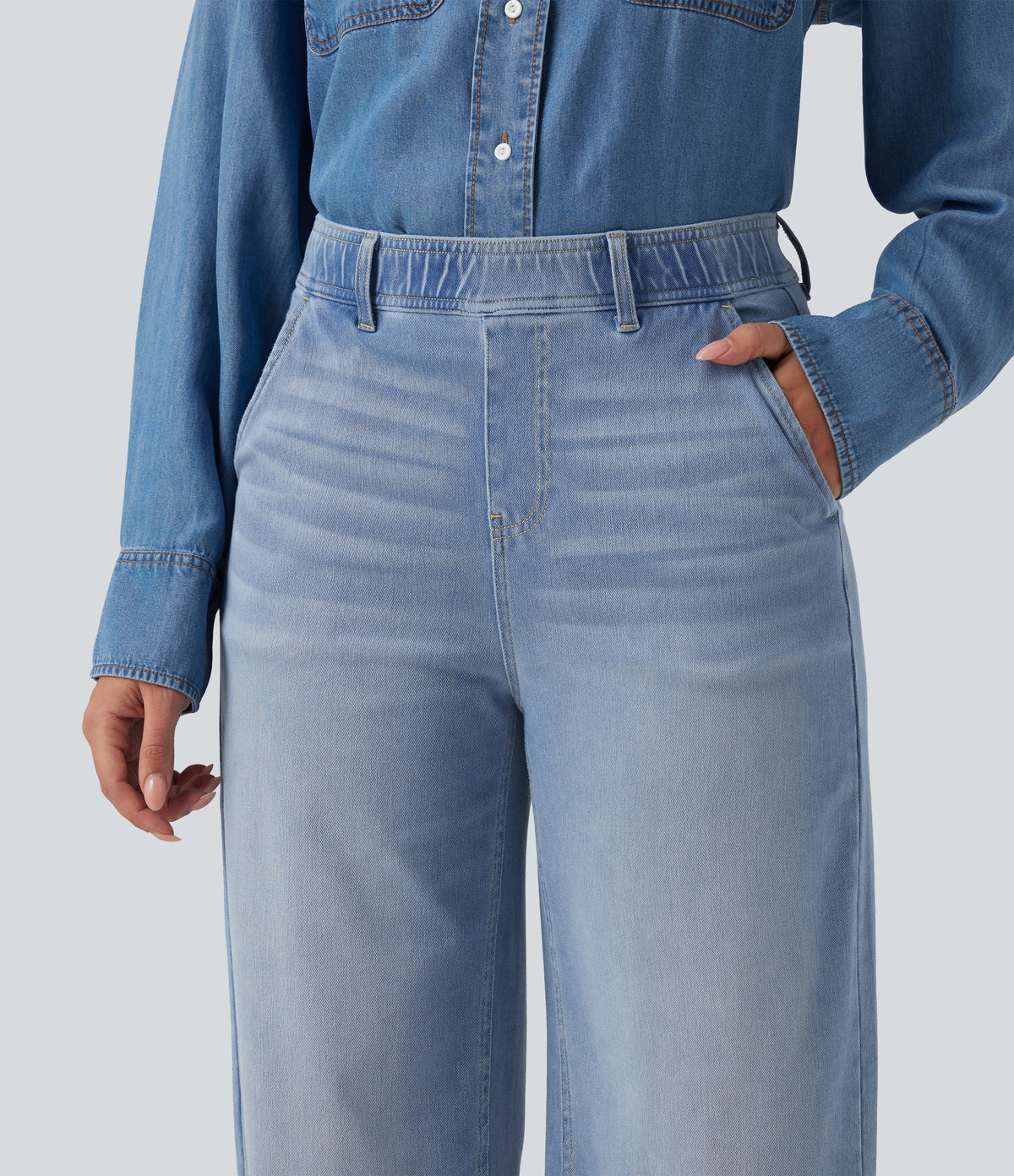 High Waisted Straight Leg Casual Jeans with Pockets — Powder Blue Denim — view 4