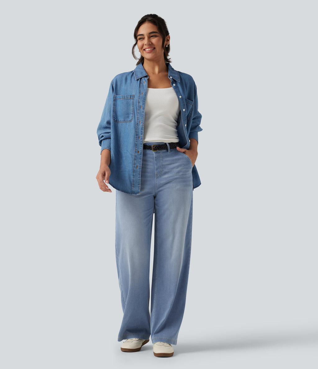 High Waisted Straight Leg Casual Jeans with Pockets — Powder Blue Denim — view 7