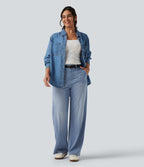 High Waisted Straight Leg Casual Jeans with Pockets — Powder Blue Denim — view 7