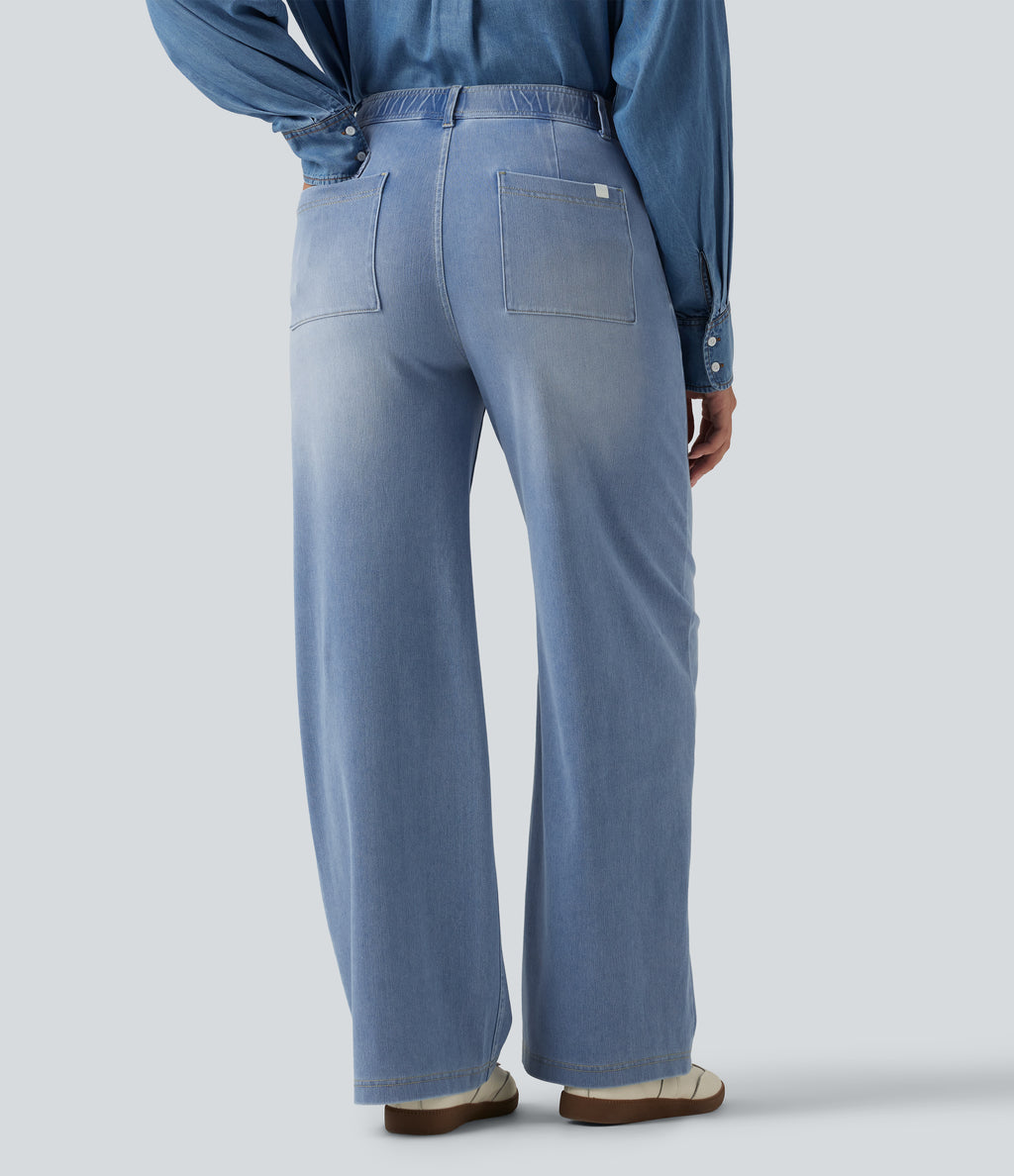 High Waisted Straight Leg Casual Jeans with Pockets — Powder Blue Denim — view 2