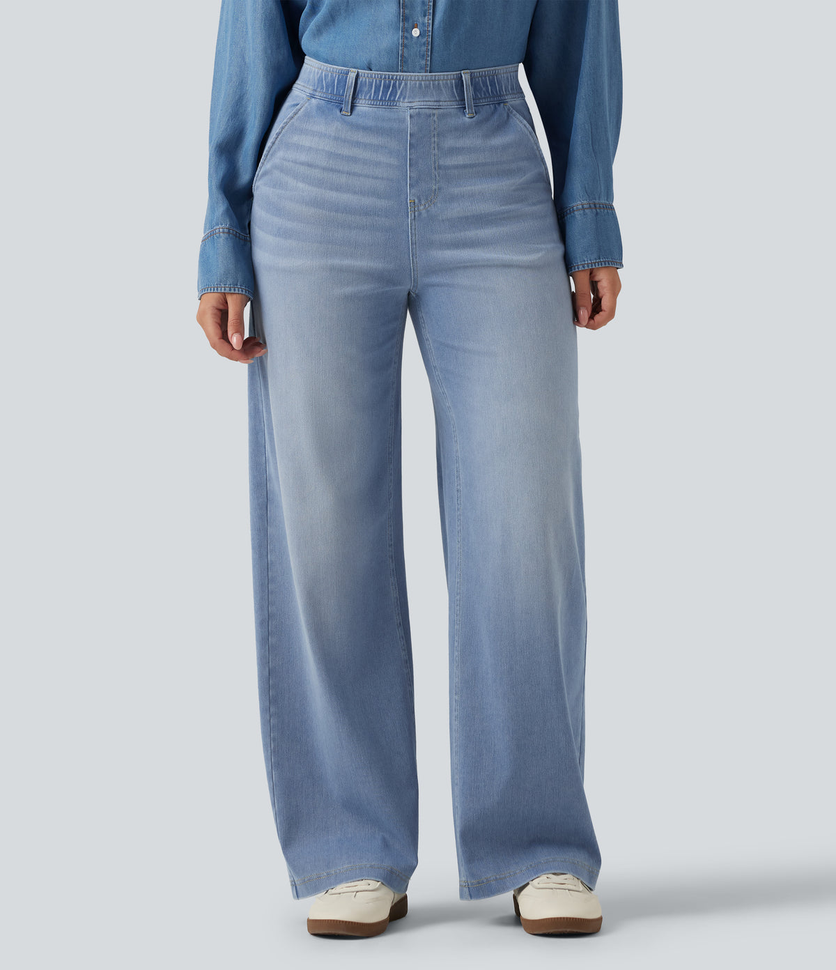High Waisted Straight Leg Casual Jeans with Pockets — Powder Blue Denim — view 1