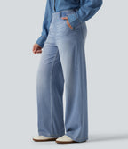High Waisted Straight Leg Casual Jeans with Pockets — Powder Blue Denim — view 3