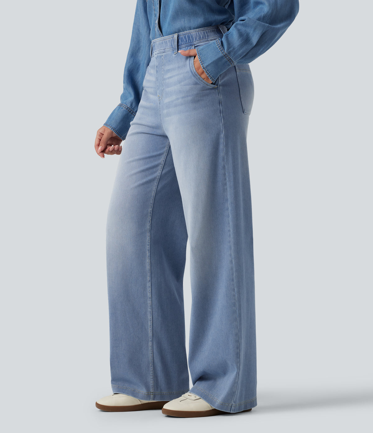 High Waisted Straight Leg Casual Jeans with Pockets — Powder Blue Denim — view 3