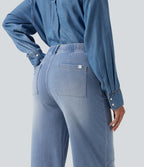High Waisted Straight Leg Casual Jeans with Pockets — Powder Blue Denim — view 5