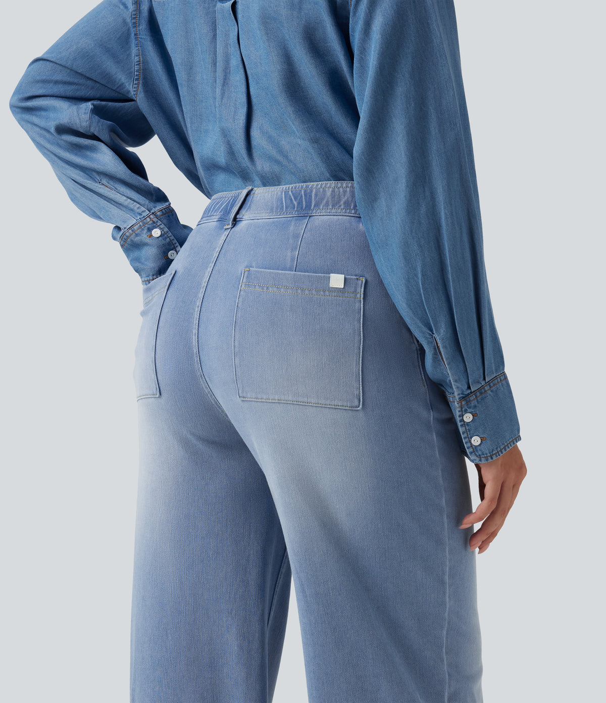 High Waisted Straight Leg Casual Jeans with Pockets — Powder Blue Denim — view 5