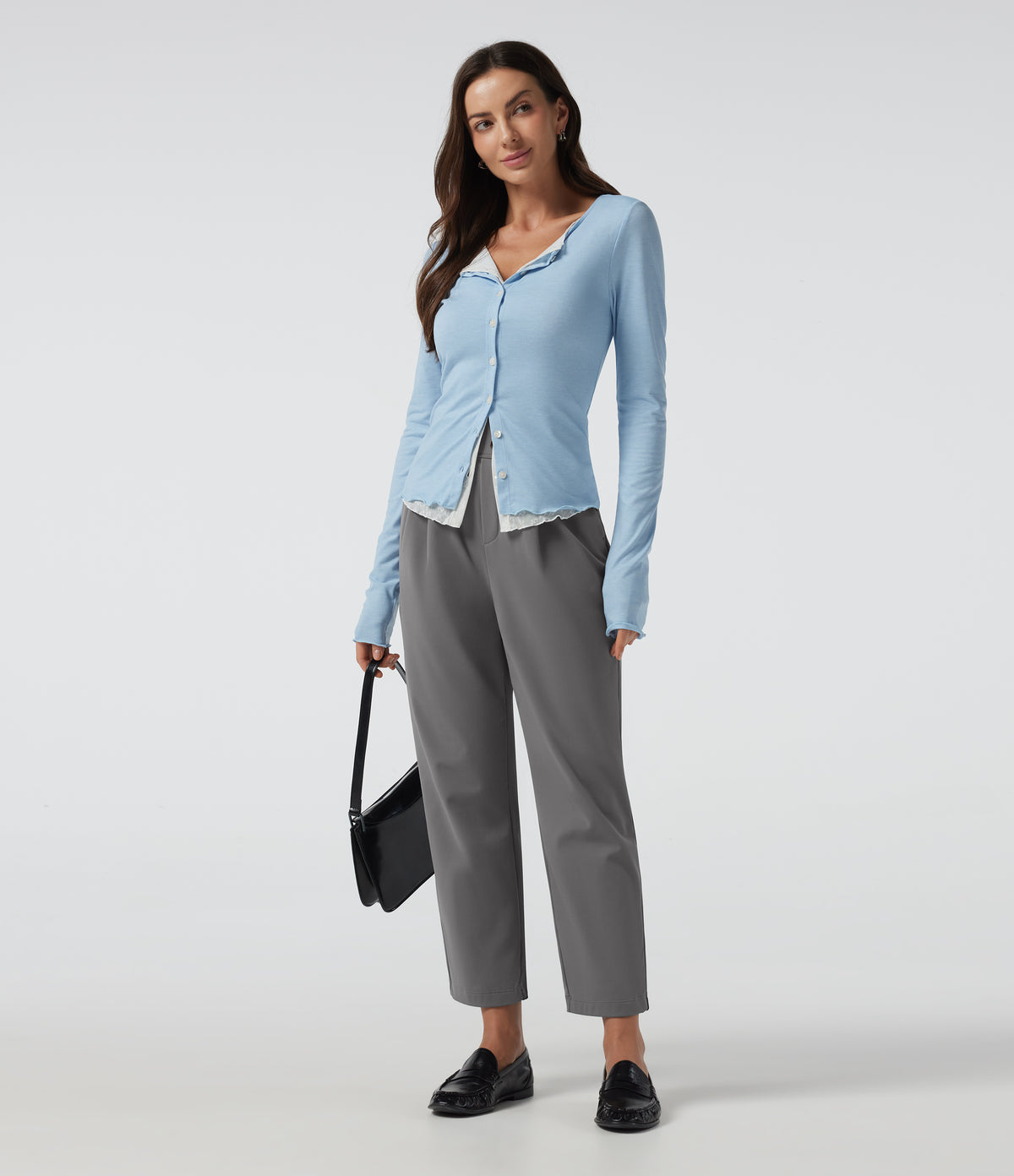 High Waisted Tapered Fleece Work Trousers with Pockets — Silent Storm — view 6