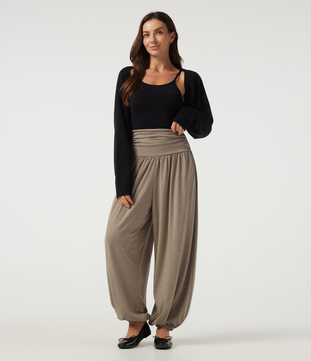 High Waisted Ruched Casual Trousers with Pockets — Khaki Floral Yarn — view 7