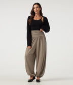 High Waisted Ruched Casual Trousers with Pockets — Khaki Floral Yarn — view 7