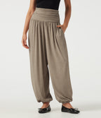 High Waisted Ruched Casual Trousers with Pockets — Khaki Floral Yarn — view 1