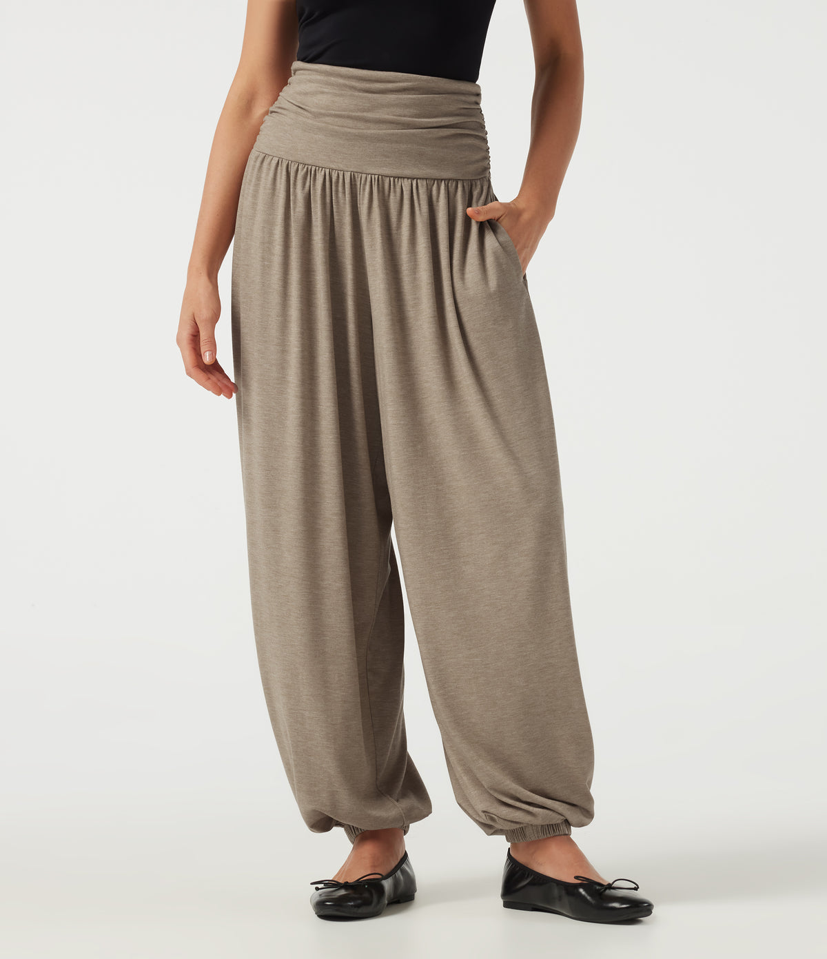 High Waisted Ruched Casual Trousers with Pockets — Khaki Floral Yarn — view 1