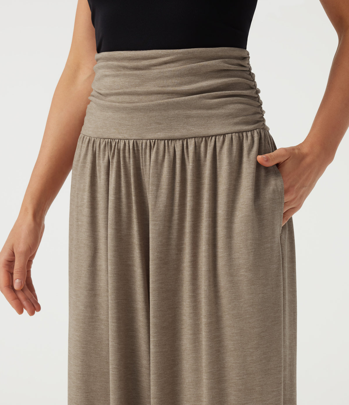 High Waisted Ruched Casual Trousers with Pockets — Khaki Floral Yarn — view 4