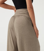 High Waisted Ruched Casual Trousers with Pockets — Khaki Floral Yarn — view 5
