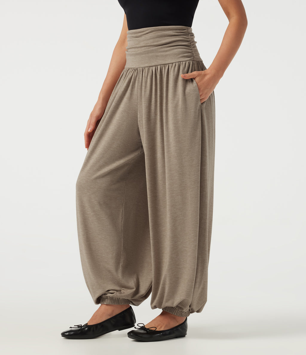 High Waisted Ruched Casual Trousers with Pockets — Khaki Floral Yarn — view 3