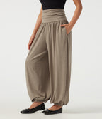 High Waisted Ruched Casual Trousers with Pockets — Khaki Floral Yarn — view 3