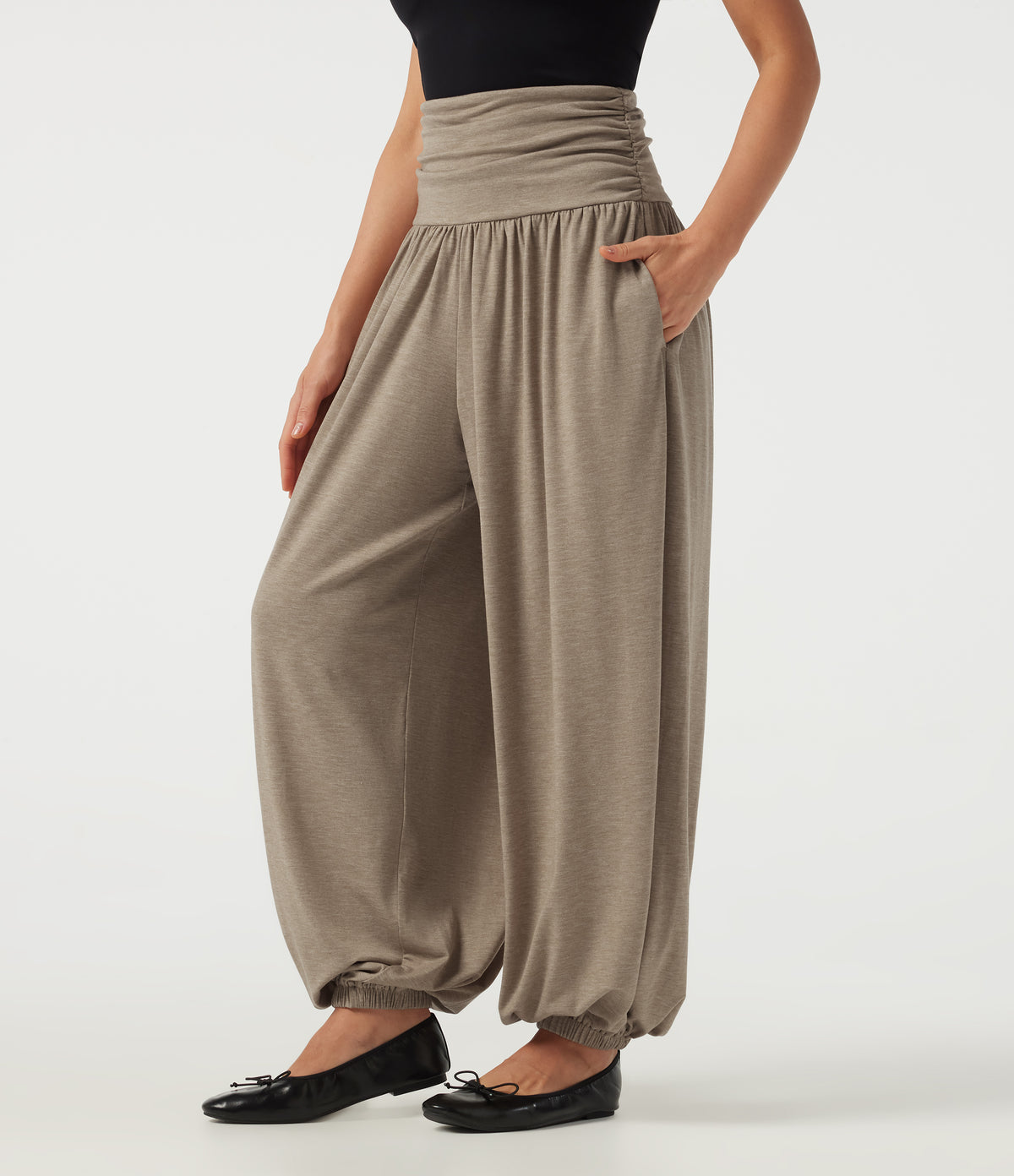 High Waisted Ruched Casual Trousers with Pockets — Khaki Floral Yarn — view 3