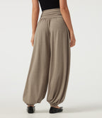 High Waisted Ruched Casual Trousers with Pockets — Khaki Floral Yarn — view 2