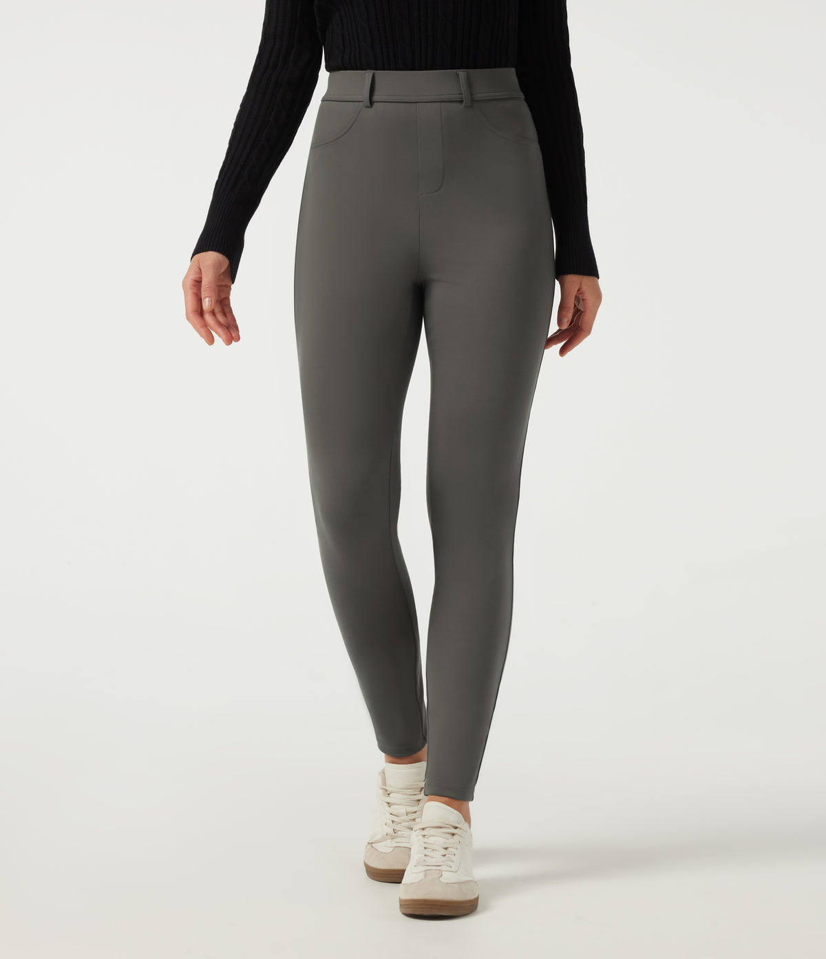 High Waisted Slim Work Trousers with Pockets — Deep Red Grey — view 3