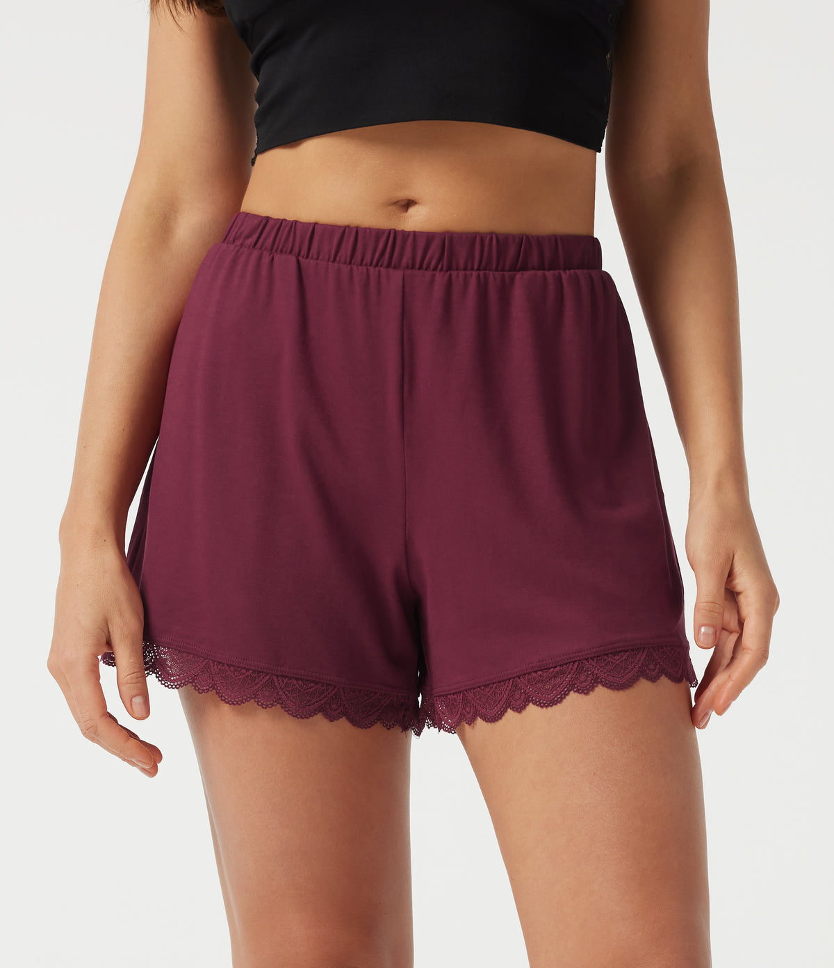 Low Rise Straight Leg Contrast Lace Casual Shorts 3" with Pockets — Tibetan Red — view 1