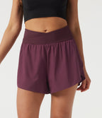 High Waisted Crossover 2-in-1 Quick Dry Running Shorts 3" with Pockets — Amaranth — view 3