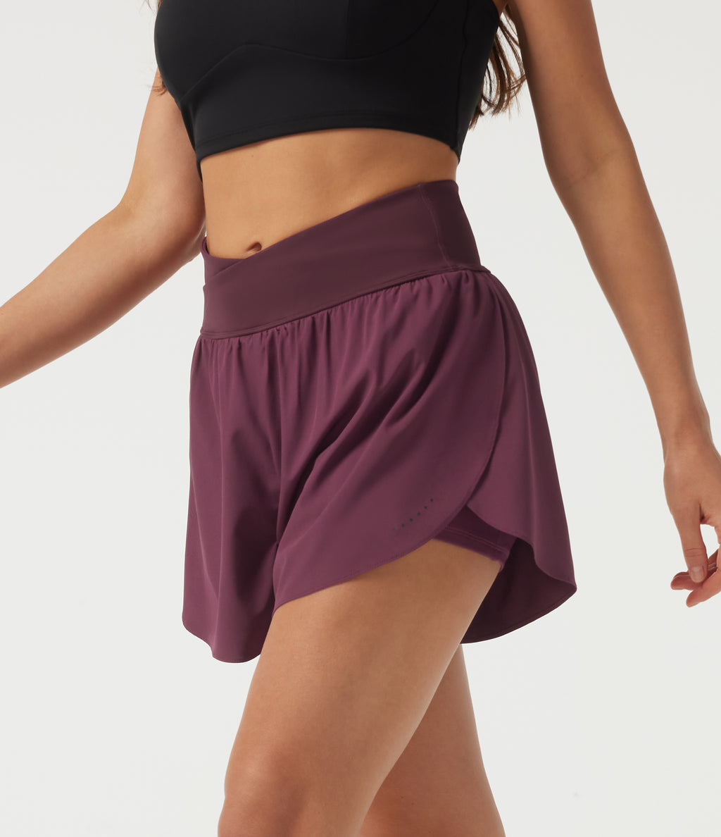 High Waisted Crossover 2-in-1 Quick Dry Running Shorts 3" with Pockets — Amaranth — view 6