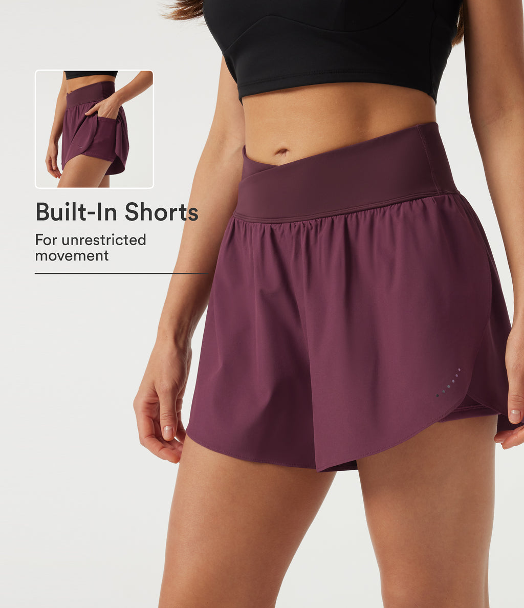 High Waisted Crossover 2-in-1 Quick Dry Running Shorts 3" with Pockets — Amaranth — view 1