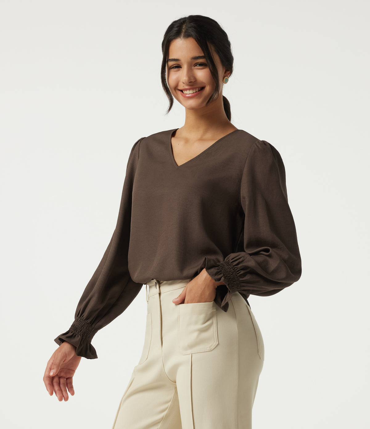 V-Neck Bishop Long Sleeve Work Blouse — Carafe — view 4