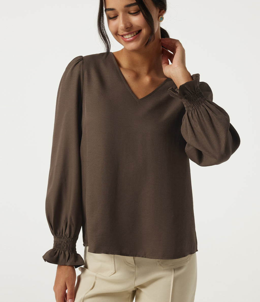 V-Neck Bishop Long Sleeve Work Blouse — Carafe — view 5