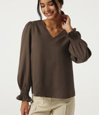 V-Neck Bishop Long Sleeve Work Blouse — Carafe — view 5