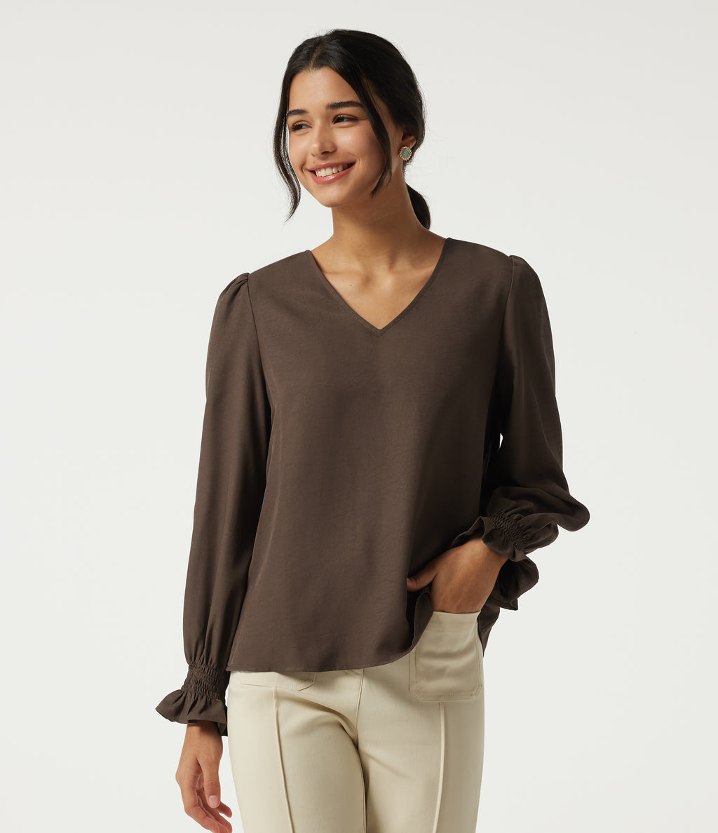 V-Neck Bishop Long Sleeve Work Blouse — Carafe — view 3