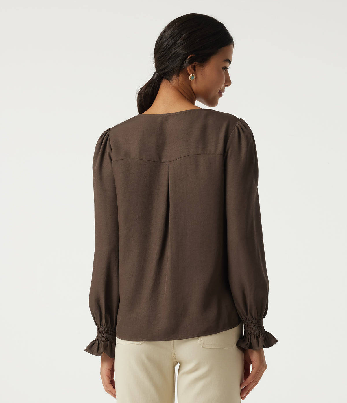 V-Neck Bishop Long Sleeve Work Blouse — Carafe — view 2