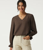 V-Neck Bishop Long Sleeve Work Blouse — Carafe — view 1
