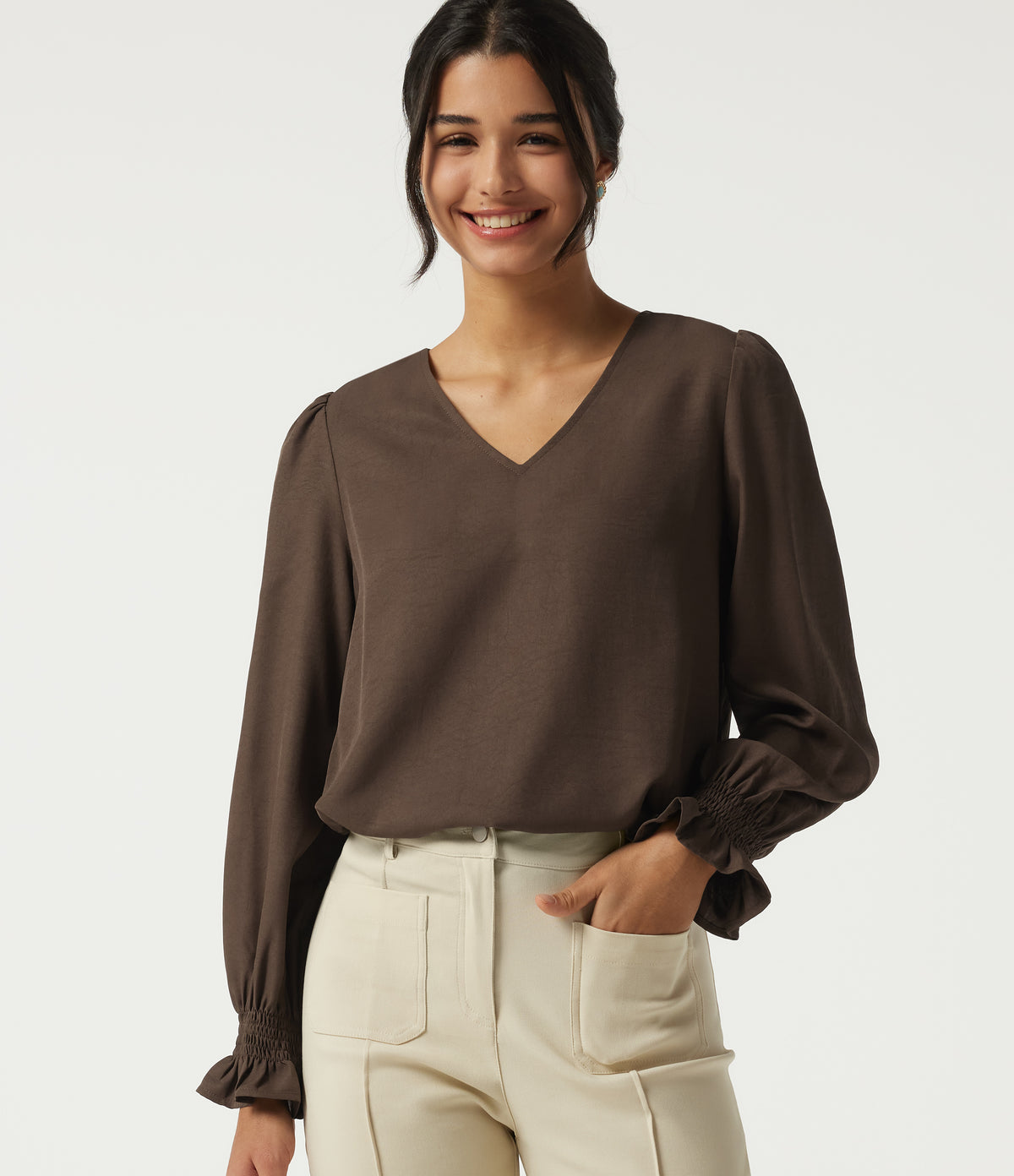 V-Neck Bishop Long Sleeve Work Blouse — Carafe — view 1